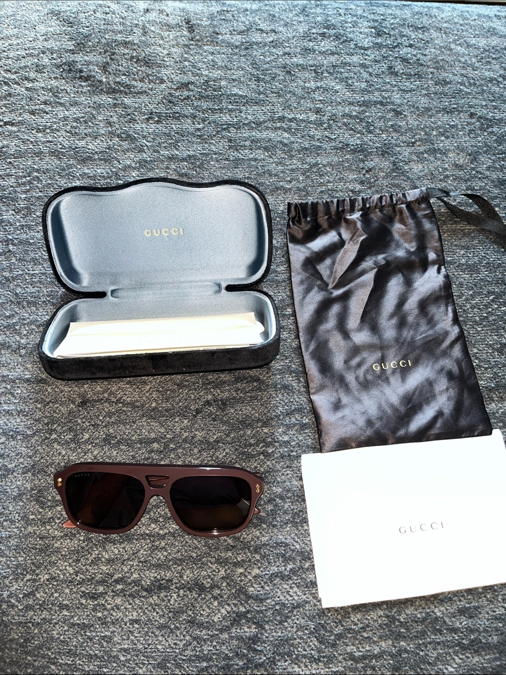 Gucci Women’s Brown Frame Sunglasses with Black Lenses and Gold Accents